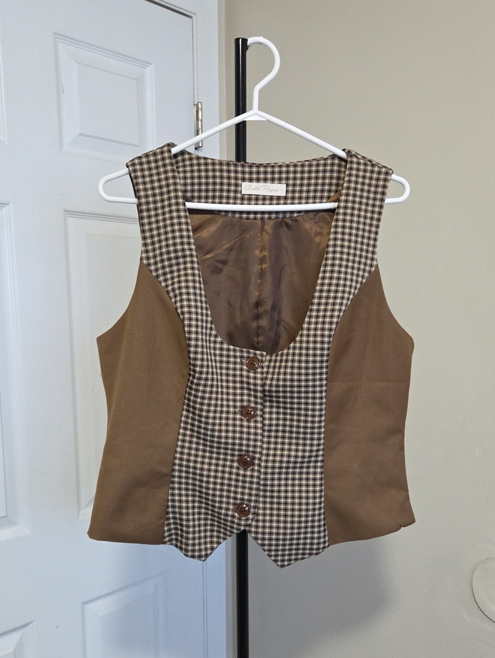 Belle Paque Checked Panel Brown Women's Vest - Classic Tailored Style
